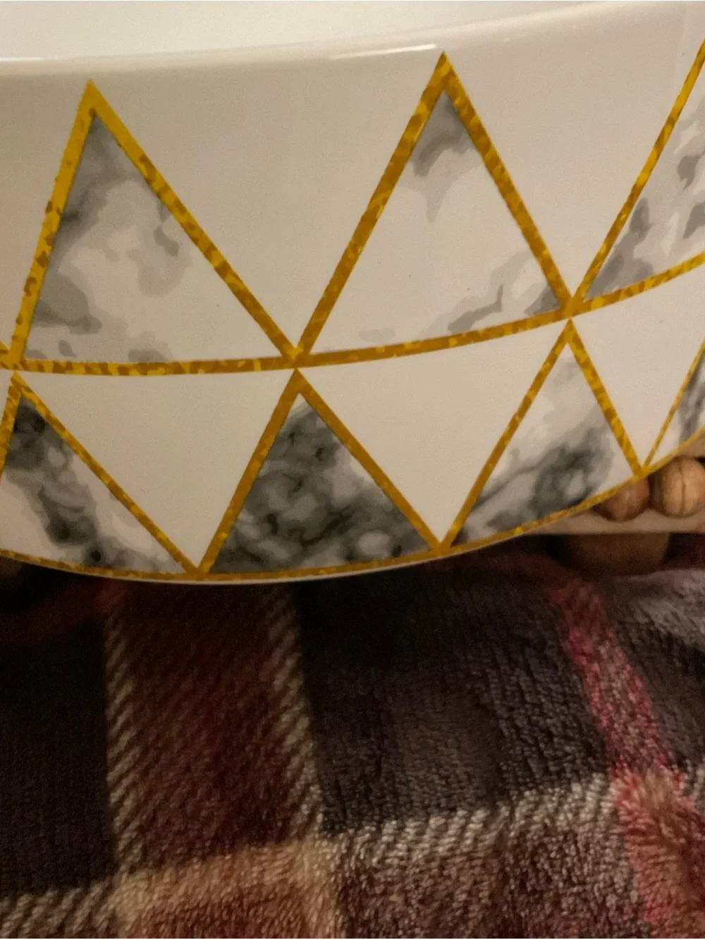 Paw print design Dog Bowl by Park Life Designs White/Gold/Gray Triangles 8.5”